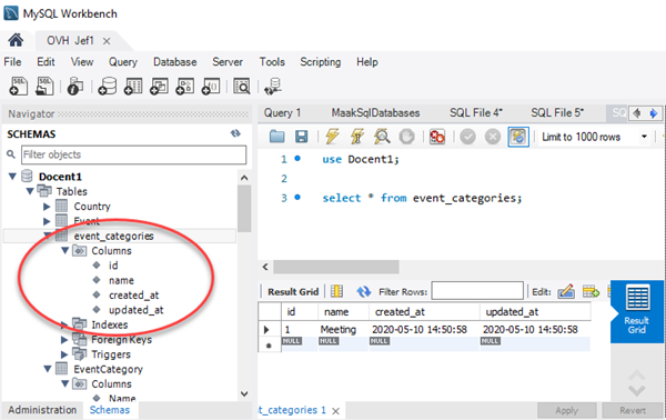 De tabel event_categories in Workbench